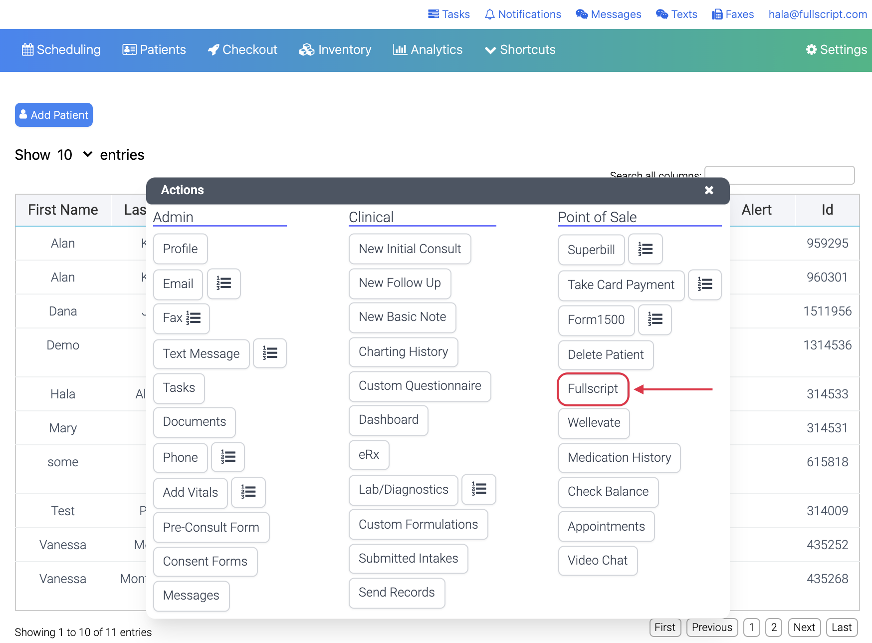 Selecting Fullscript to trigger the Fullscript welcome email for a new patient