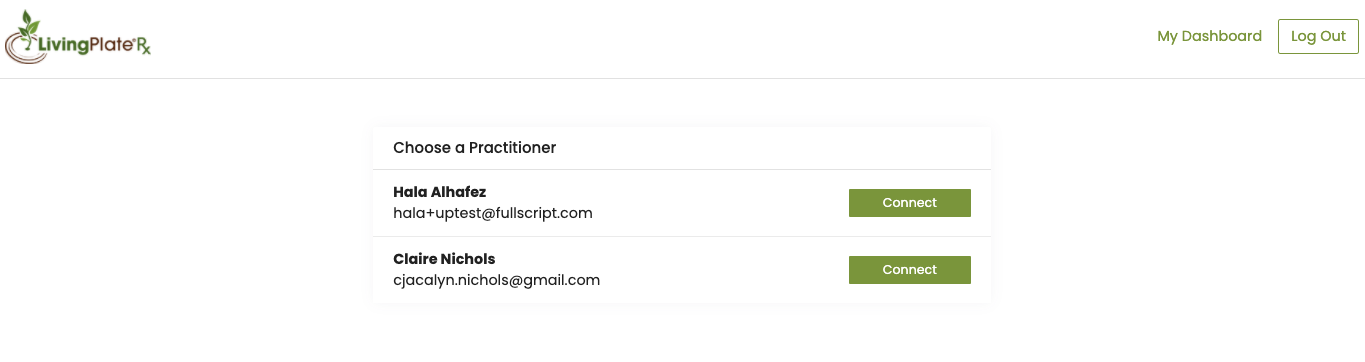 Select a Fullscript pracititioner to link to Living Plate.