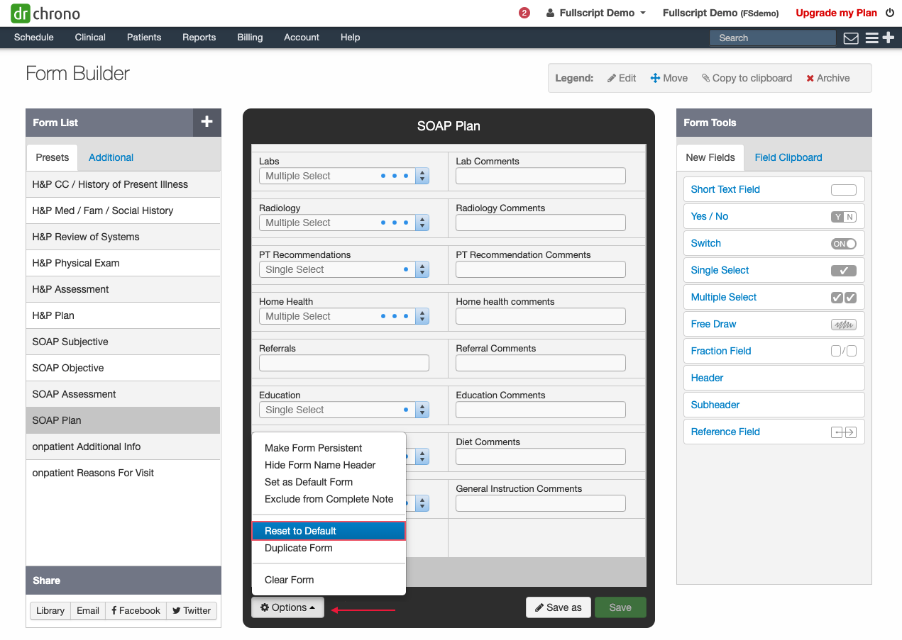 resetting the soap plan form to default configurations.