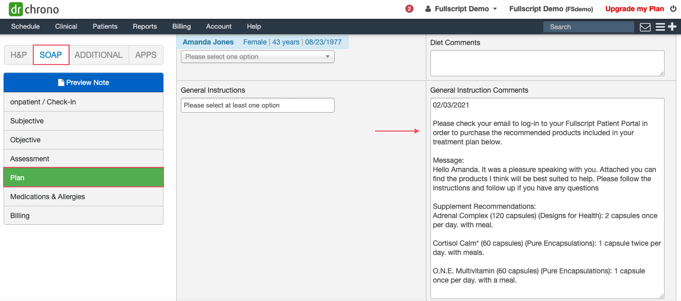 Viewing a recommendation in the General Instructions Comment field of a patients clinical note.