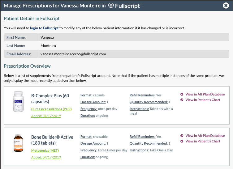 Viewing Fullscript recommendation history in Cerbo