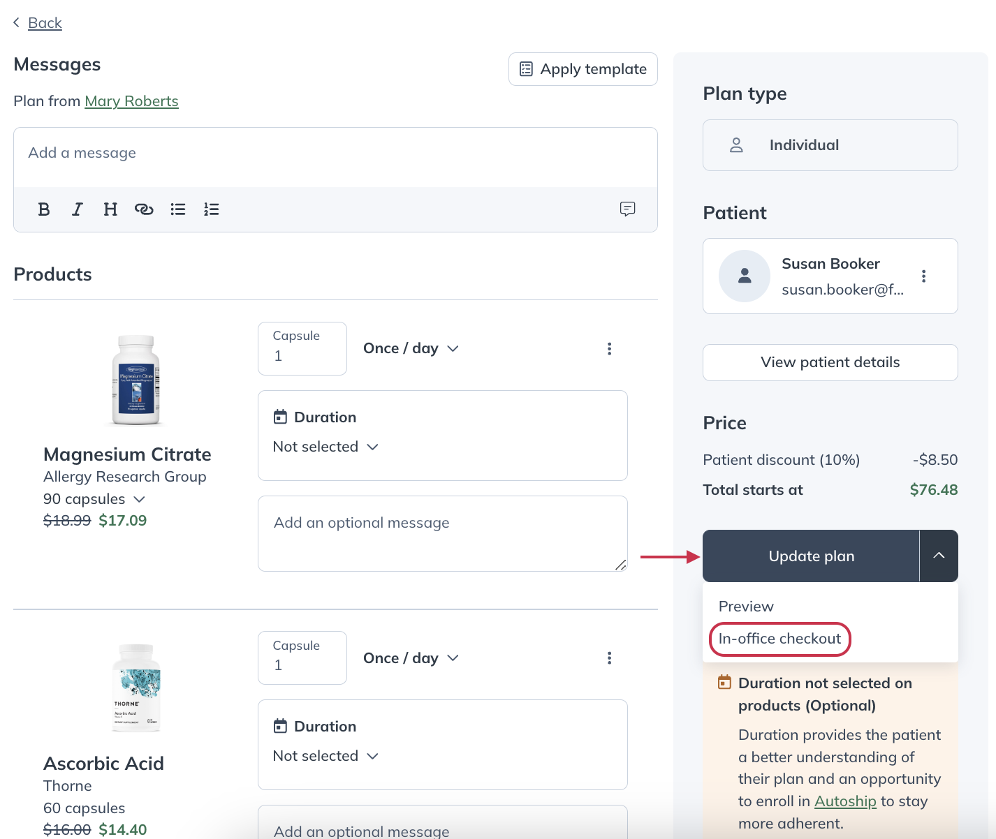 Selecting In-office checkout to open the patient in-office cart