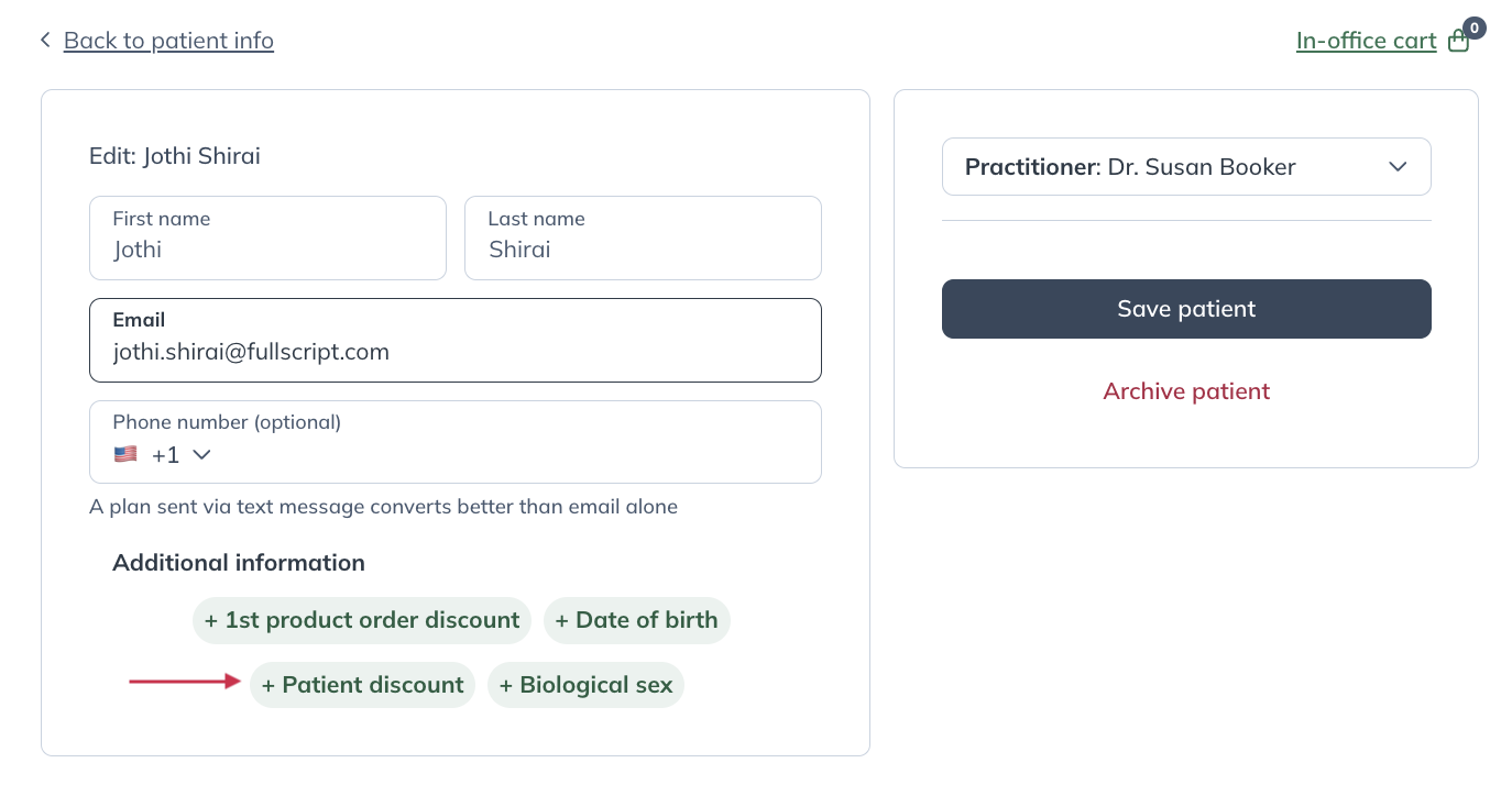 Under Additional information, click + Patient discount
