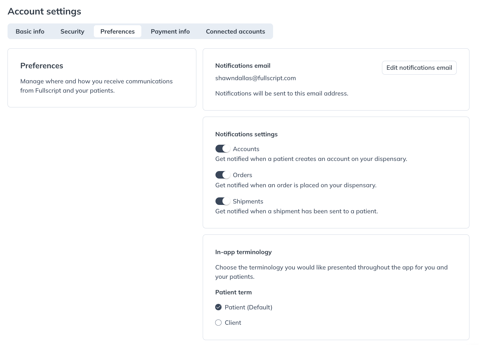 The Preferences page with all toggles active