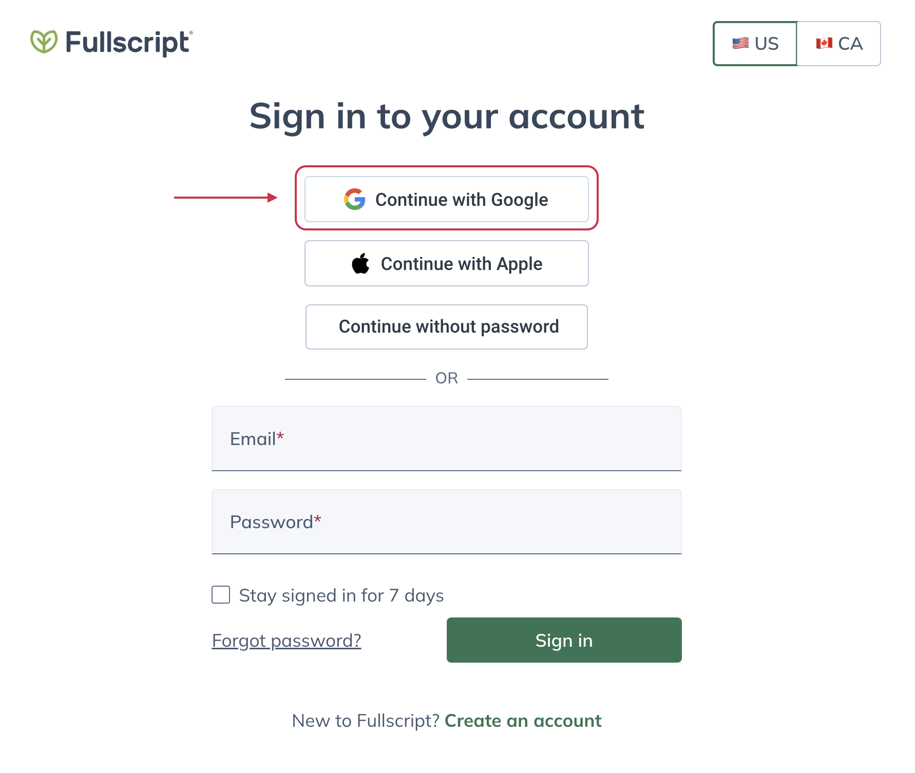 select continue with google to link your existing fullscript account to your google account