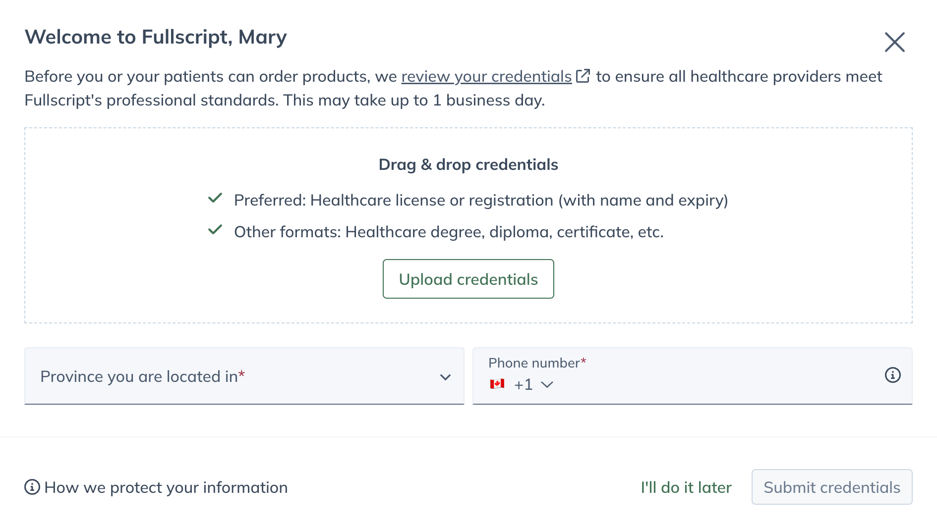 Upload healthcare credential during account setup.