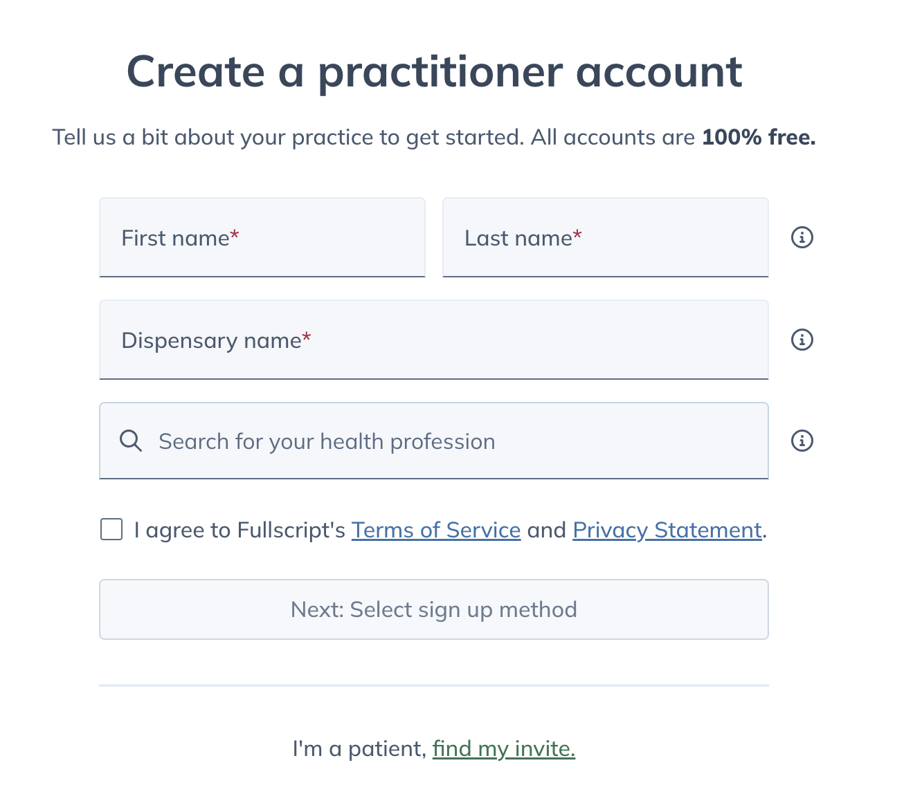 Practitioner sign up form.