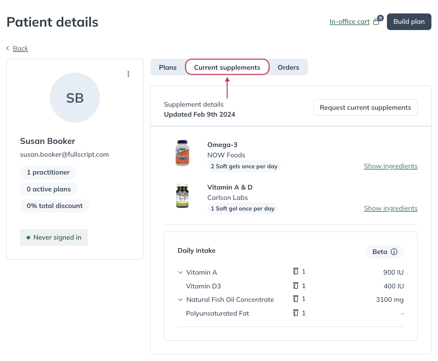 Viewing the current supplements tab in a patient's profile