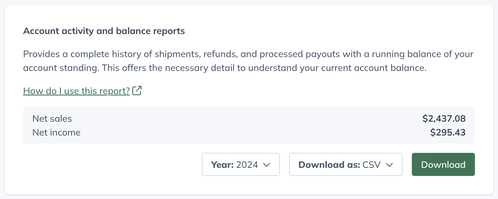 The account activity and balance report heading