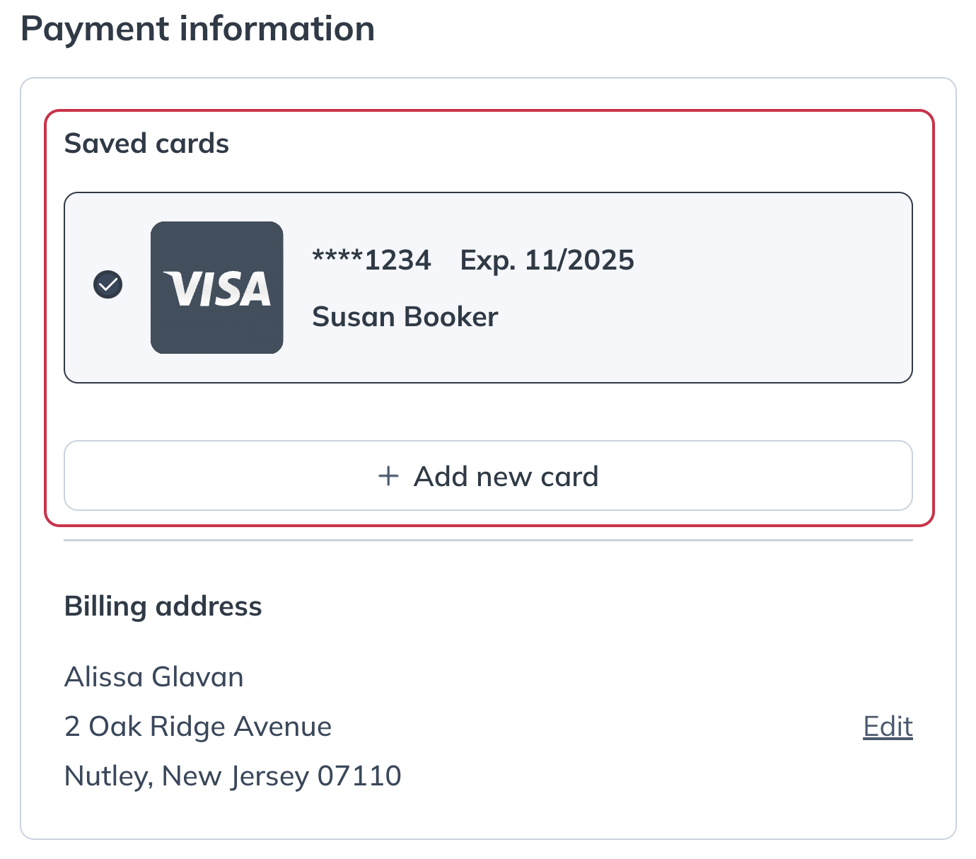 Select your payment method from the available cards or quick payment options