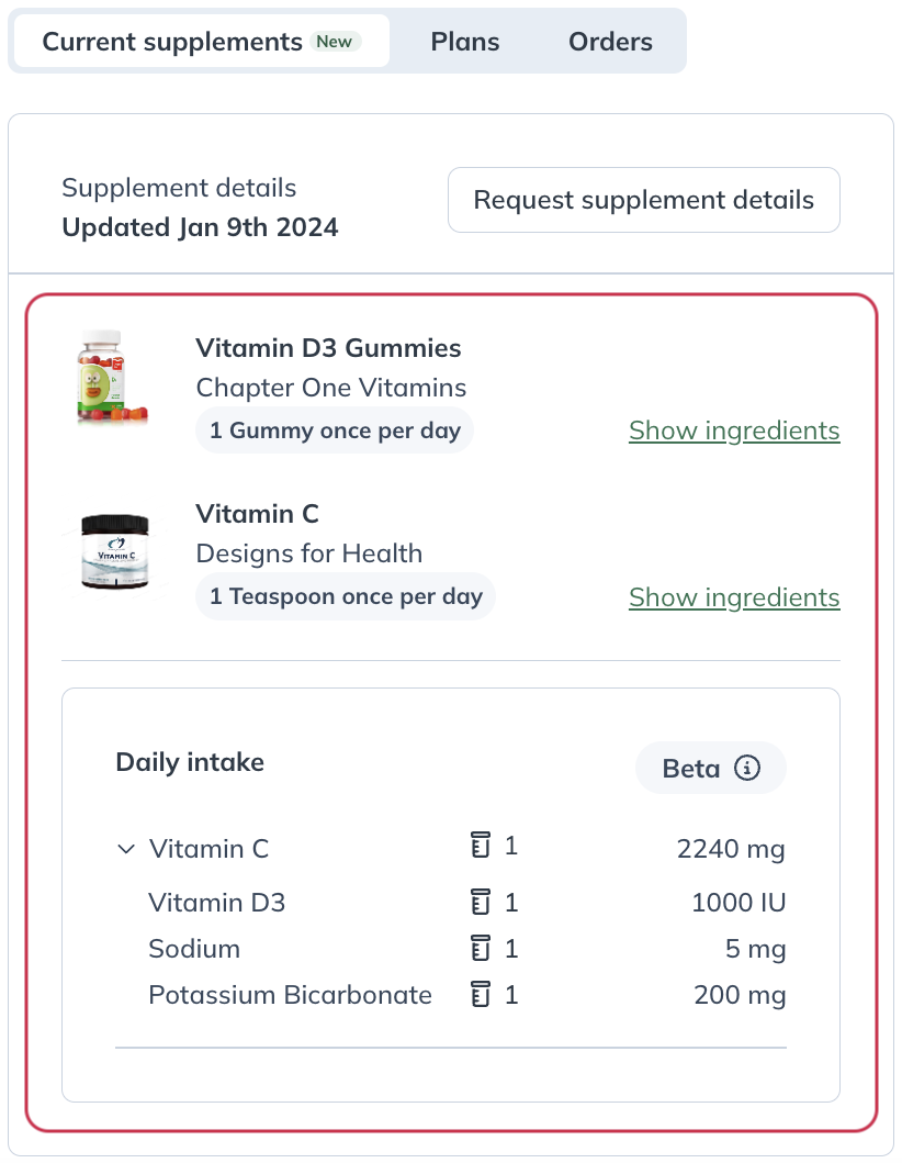 Ingredient intake breakdown in the patient profile.