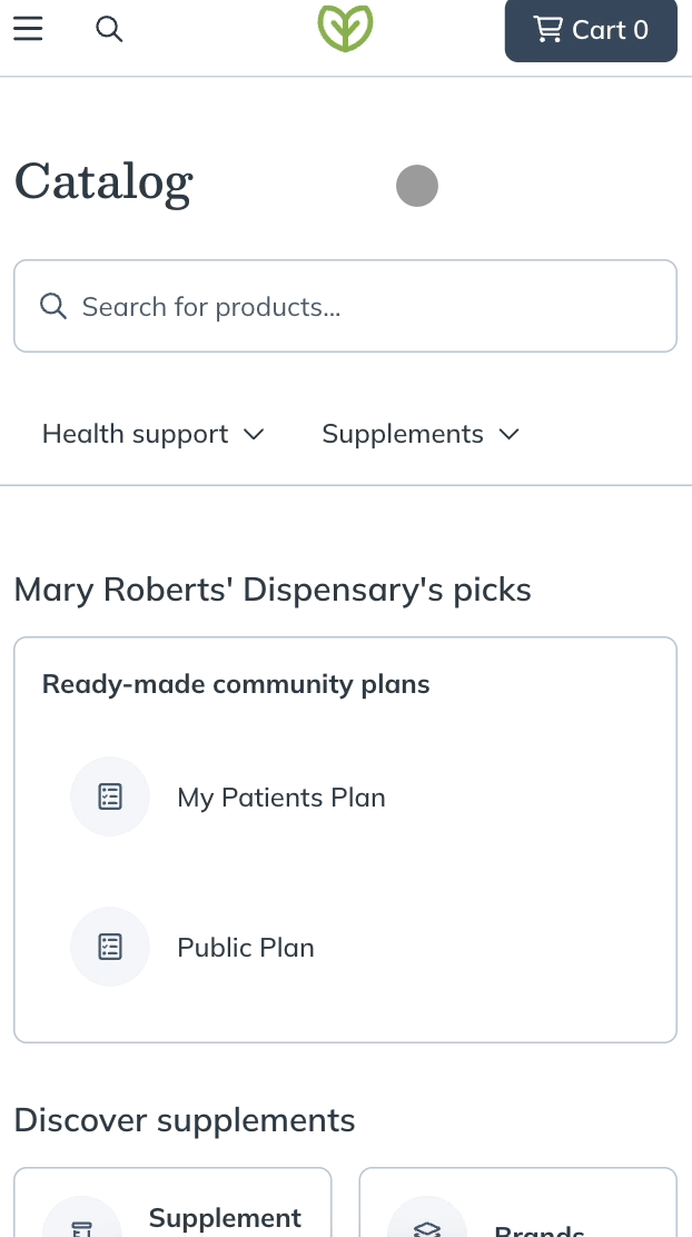 The Health support and Supplements dropdowns below the search bar.