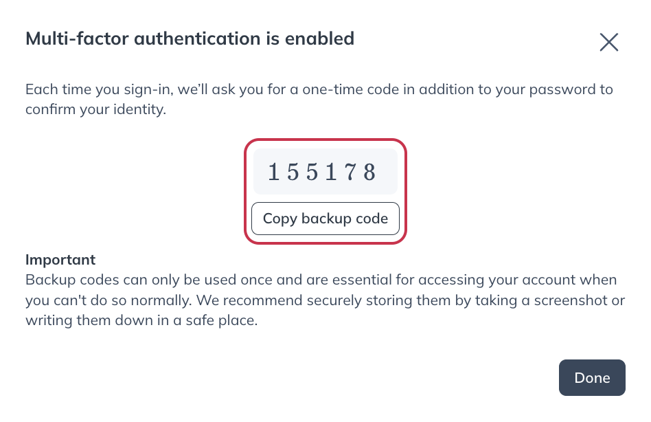 A backup code and a button to copy it to your device's clipboard.