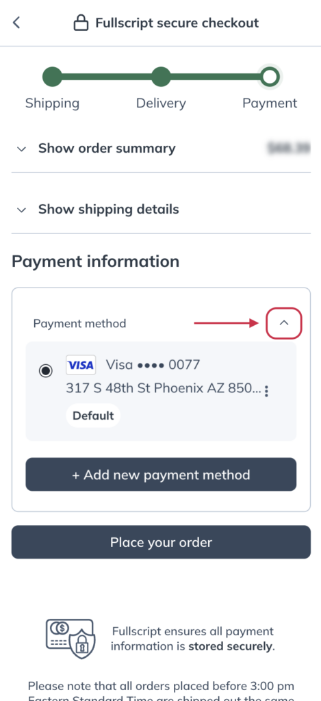 An expanded payment method menu.
