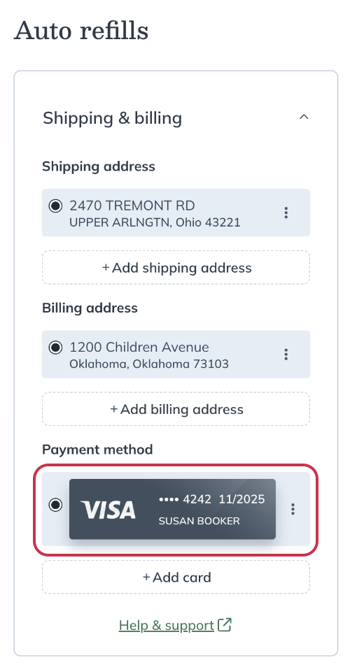 Using a saved payment method for auto refill orders.