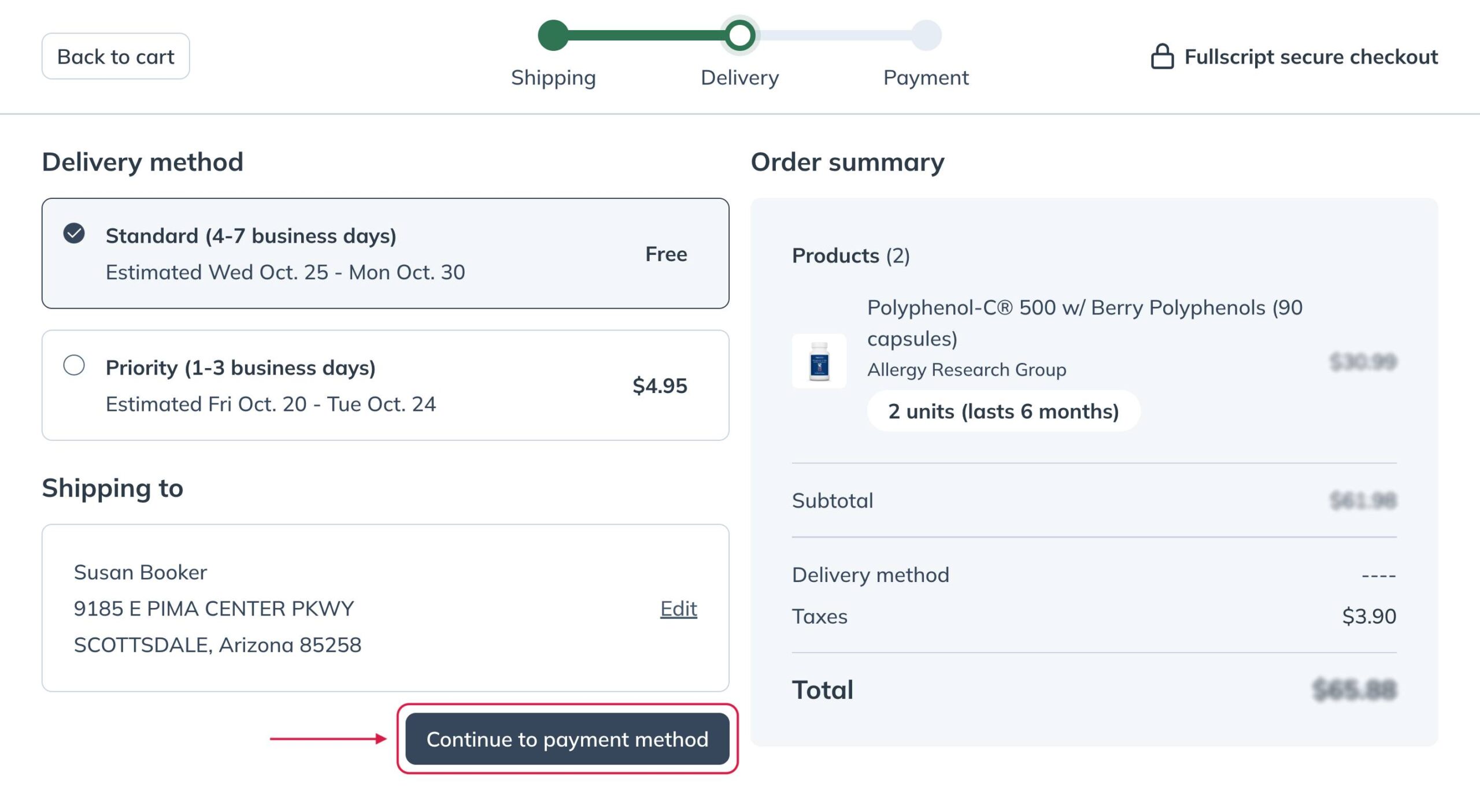 Continue to payment method after selecting your preferred shipping method.