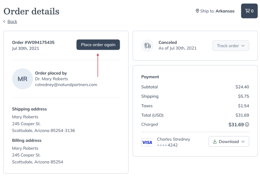 Placing a repeat order from your order history.