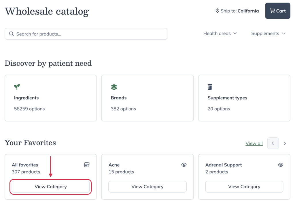 View Category to access favorited products