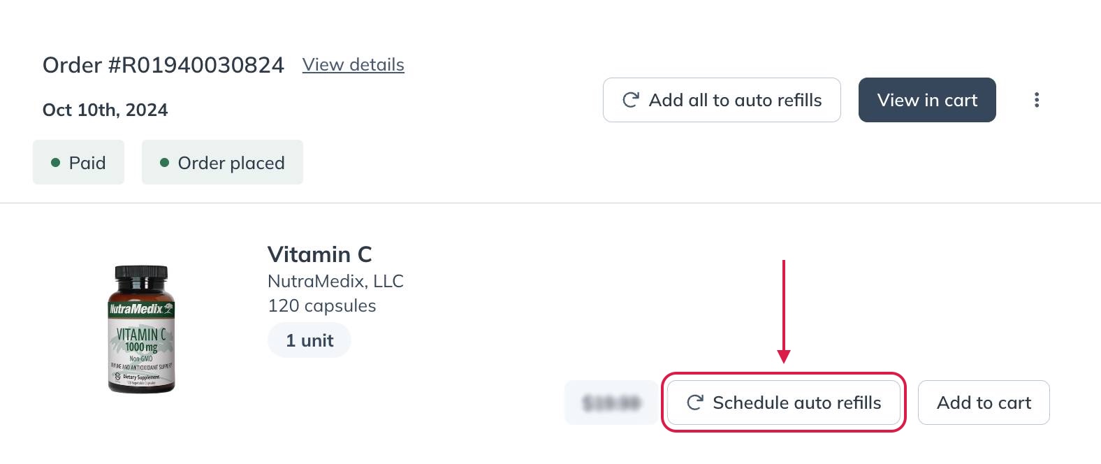 Scheduling an auto refill for a product from the Auto refills page.