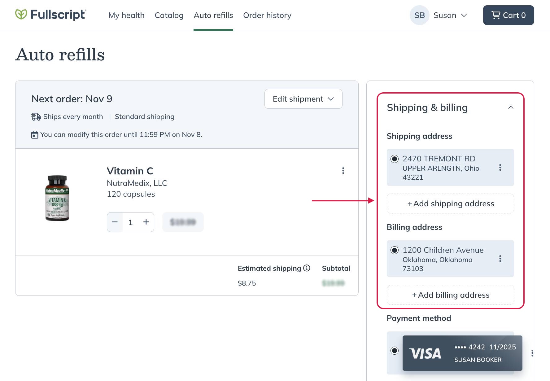 The Shipping address management section on the Auto refills page.