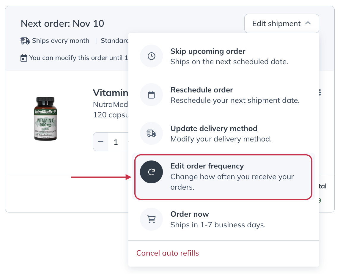 Edit order frequency on the Auto refills page.