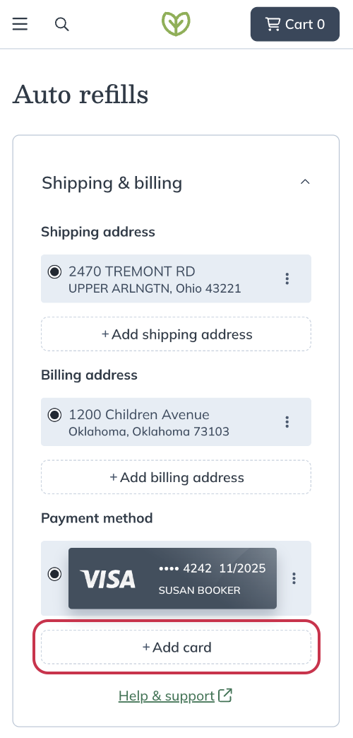 Adding a new payment method to your Shipping & billing details.