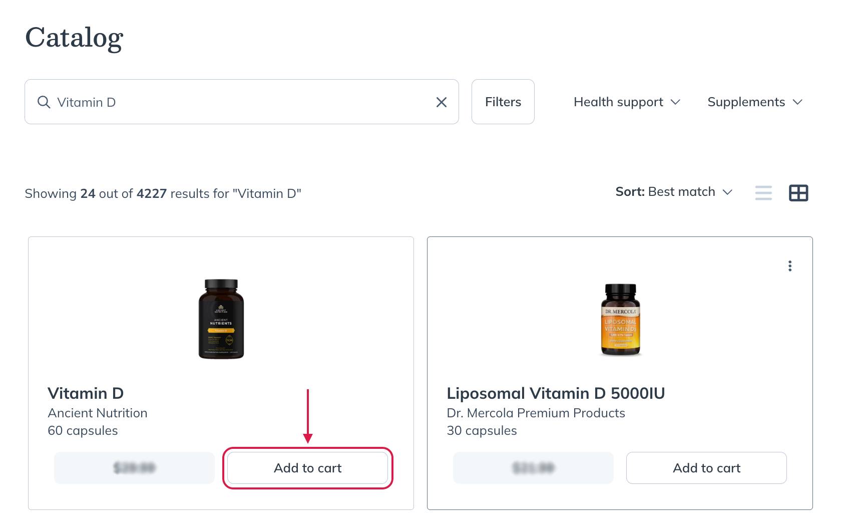 Select Add to cart to add products to your cart.