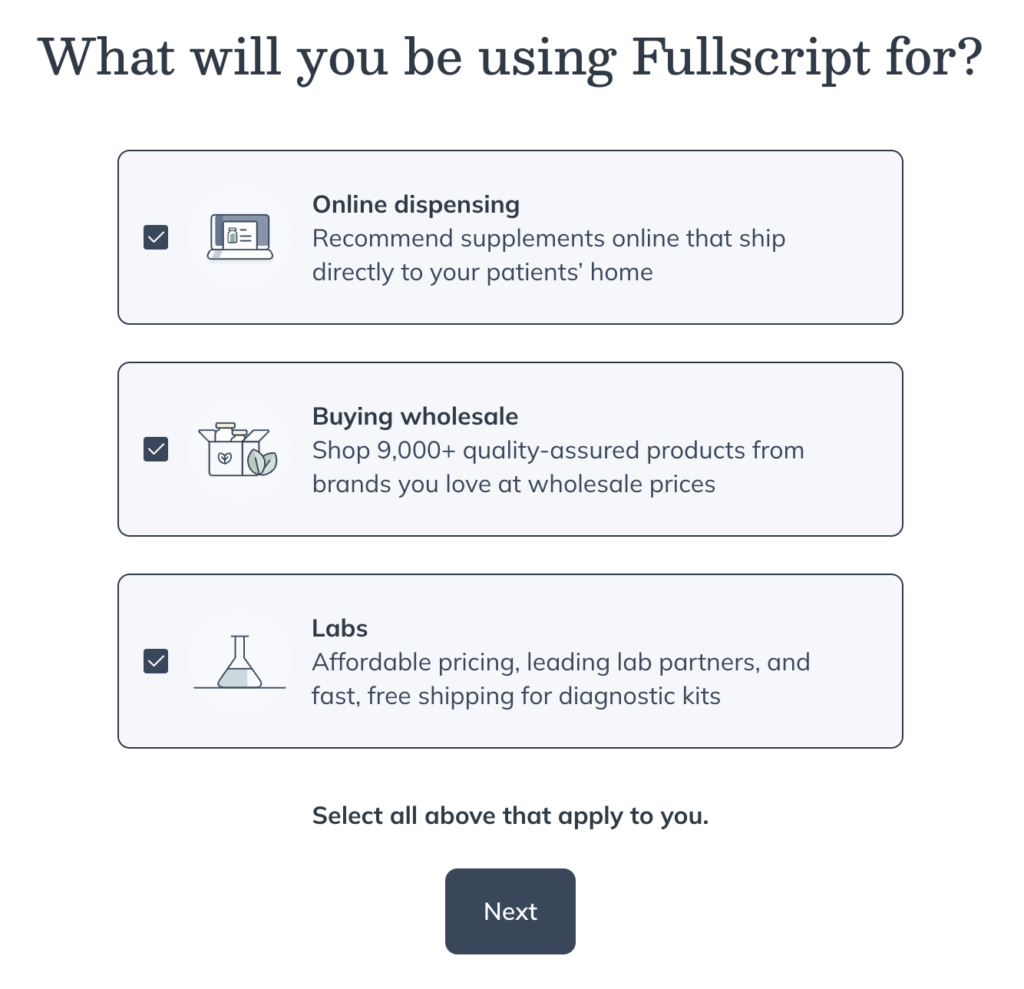 Dispensary type selection step to personalize your account setup flow.