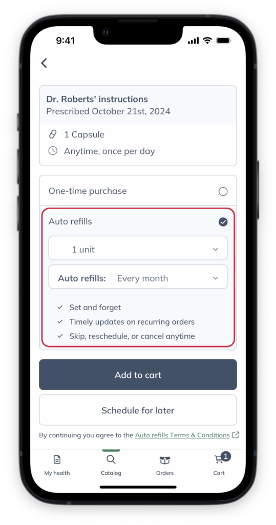 Setting up auto refills from a product card.