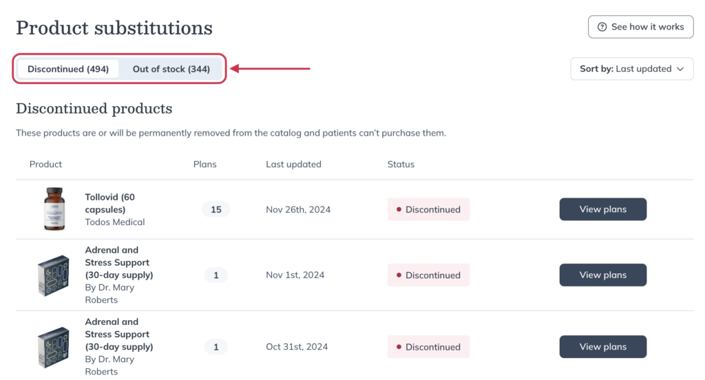 Choose between the lists of Discontinued or Out of Stock products.