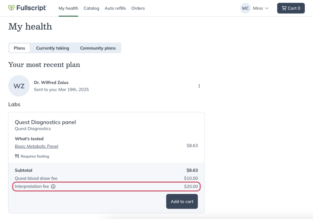A testing recommendation that contains an additional custom fee from a provider.