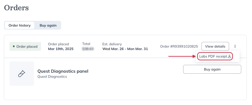 Accessing your PDF receipt from your order history.