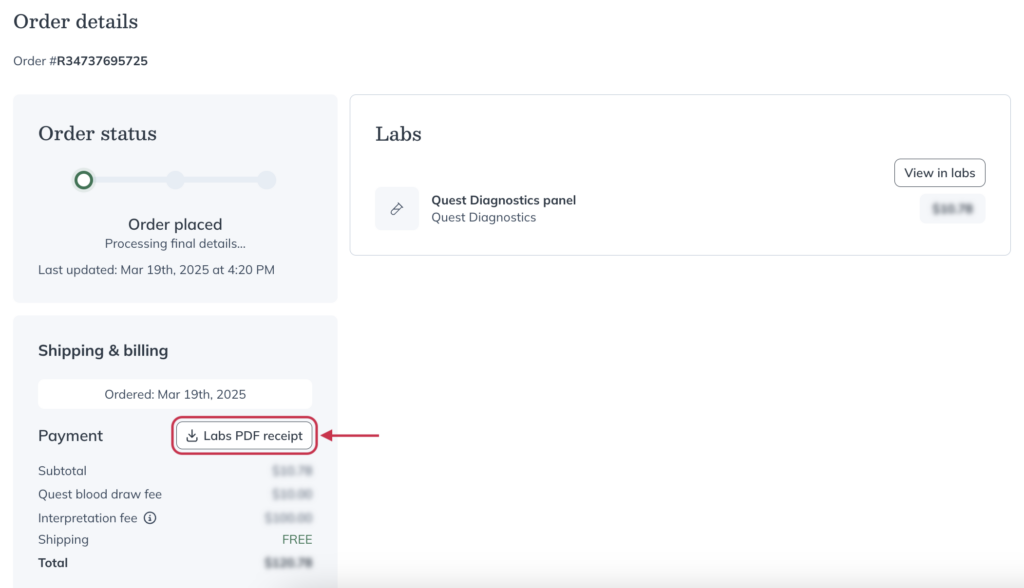 Access your PDF receipt for labs or products from the order confirmation page.